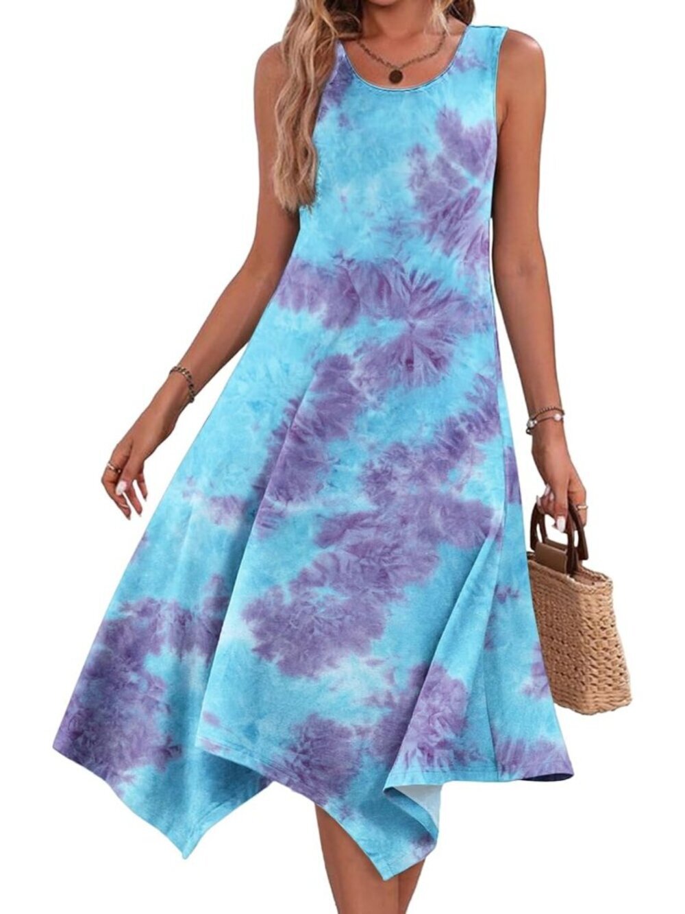 Hotouch Women's Floral Tie-Dye Sleeveless Sundress Hankerchief Beach Dress